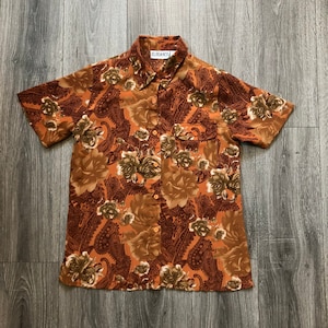 Vintage Funky Paisley Printed Short Sleeve Button Up Shirt, 70&#39;s/80&#39;s Button Up Shirt, Paisley Funky Brown and Orange Button Up Blouse