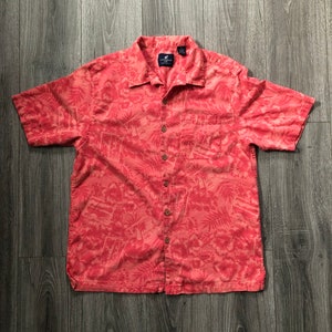Red/Salmon Palm Print Button Down Shirt, Vintage Hawaiian Print Shirt, Tropical Hawaiian Print Button Up Shirt, Short Sleeve Palm Print Top