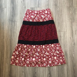 Boho Women&#39;s Black and Red Floral Maxi Skirt, Women&#39;s Maxi Skirt, Beige and Maroon Boho Inspired High Waisted Maxi Skirt, Size 8 Skirt