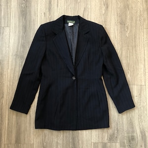 Vintage Navy Blue Blazer, 90&#39;s Long Dark Blue Blazer, Women&#39;s Striped Blazer, Single Button Blazer, 90&#39;s Harve Bernard Women&#39;s Blazer