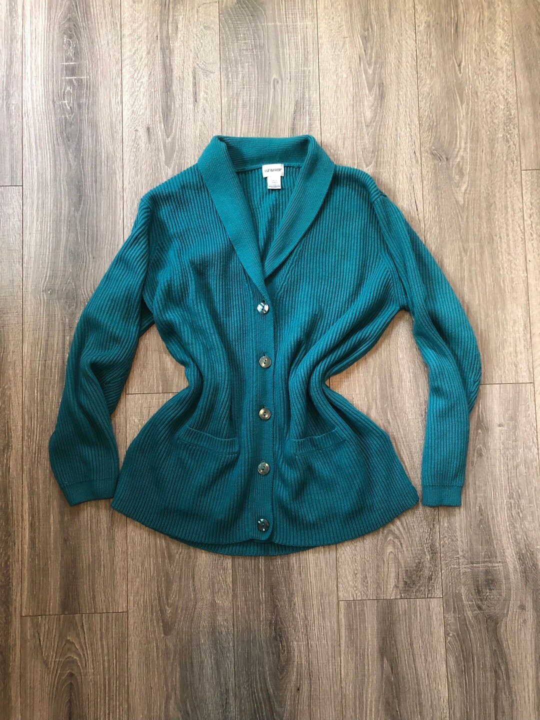 Liz Baker Blue green Cozy Acrylic Button up Cardigan Vintage 90 s
