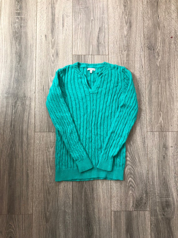 Green Long Sleeve Cable Knit V-Neck Sweater, Women