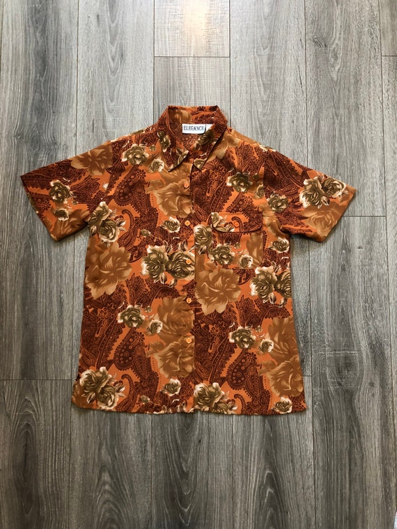 Vintage Funky Paisley Printed Short Sleeve Button 