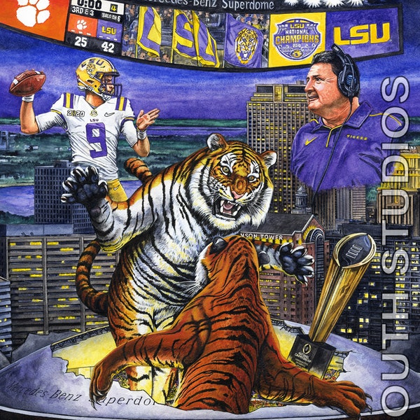 LSU Art Print. One team, One Heartbeat-LSU Louisiana art print, Mike the Tiger, Superdome, Football art by Craig Routh