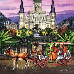 May include: A watercolor painting of a horse-drawn carriage with a pelican, alligator, and lobster playing music in front of St. Louis Cathedral in New Orleans, Louisiana.