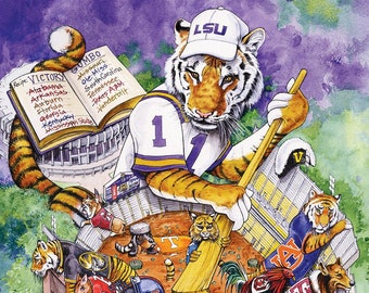 May include: A watercolor painting of a tiger wearing a baseball cap and jersey with the word "LSU" on it. The tiger is holding a wooden paddle and is standing on a football field. There are other animals on the field, including a bulldog, an elephant, a rooster, and a gator. The painting is surrounded by a purple background with the words "Recipe: Victory Gumbo" and a list of college football teams.