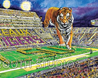 May include: A colorful illustration of a football stadium at night featuring a giant tiger standing on the field. The crowd holds up yellow and purple cards spelling GEAUX TIGERS. A marching band forms a shape on the green turf under stadium lights.