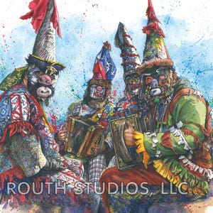May include: Watercolor painting of four figures in colorful costumes and masks, some playing accordions. The figures wear tall, pointed hats with red accents. The costumes are detailed with various patterns and textures. The text "ROUTH STUDIOS, LLC" is visible.