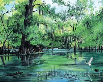 Louisiana Art Print, Alligator Bayou, swamp scene.  Driftwood frame available.