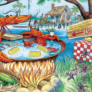 May include: A cartoon illustration of a Cajun crawfish boil with crawfish, corn on the cob, and a hot tub labeled "Baquet Chaud (Hot Tub)".