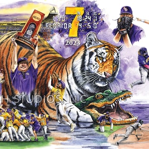 Number 7! LSU Art Print. Men&#39;s Basebal National Championship - Mike the Tiger, Florida Gator, Baseball art by Craig Routh