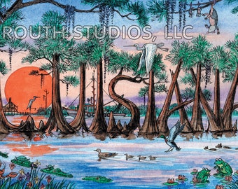 Louisiana Art Print, Louisiana in Cypress Trees, Cajun Swamp Scene.  Driftwood frame available.