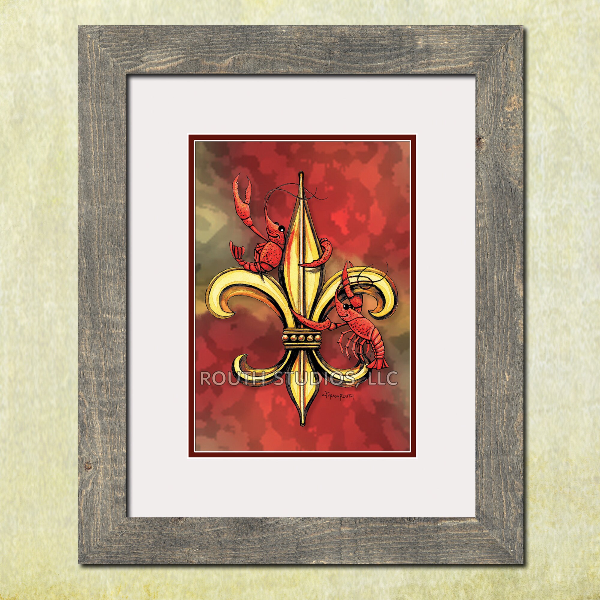 Louisiana Art Print, Crawfish Fleur-de-lis, Whimsical Cajun