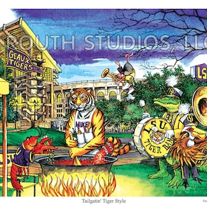 LSU Art Print, Tailgating Tiger Style, Mike the Tiger - Licensed SEC Football art by Craig Routh