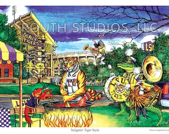 LSU Art Print, Tailgating Tiger Style, Mike the Tiger - Licensed SEC Football art by Craig Routh