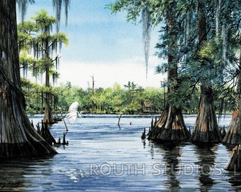 May include: A watercolor painting of a swamp scene with tall cypress trees, Spanish moss, and a white egret flying over a still body of water. The trees have large, knobby roots that are partially submerged in the water. The painting is signed by the artist, Gary Routh.