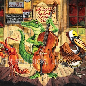 May include: A watercolor painting of a band of animals playing music. A red lobster plays a trumpet, a green alligator plays a double bass, and a brown pelican plays a banjo. The sign above the band reads "Laisser les bons temps rouler!" which is French for "Let the good times roll!"