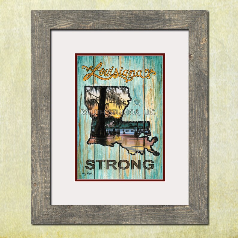 Louisiana Art Print. Louisiana Strong art print, Cajun swamp scene. Driftwood frame available. image 2