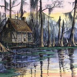 Louisiana Art Print, swamp scene, Sunset Cabin. Driftwood frame available.