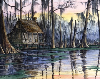 Louisiana Art Print, swamp scene, Sunset Cabin. Driftwood frame available.