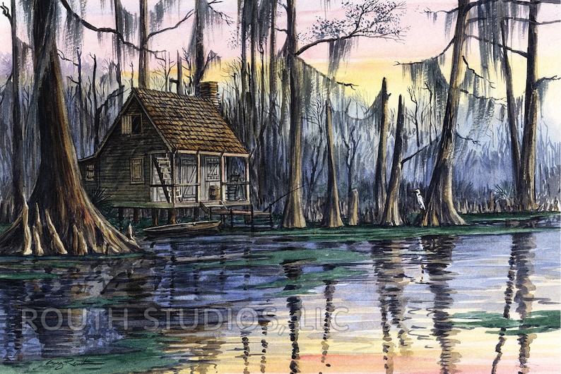 Louisiana Art Print swamp scene Sunset Cabin image 0