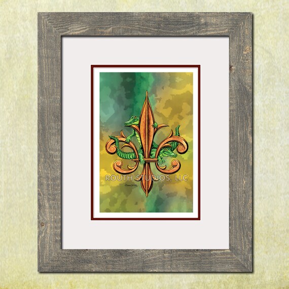 Louisiana Art Print, Alligator Fleur-de-lis, Whimsical Cajun