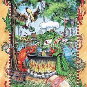 Louisiana Art Print. Louisiana Cajun Chef, Al the Alligator, Art Print. Driftwood frame available.