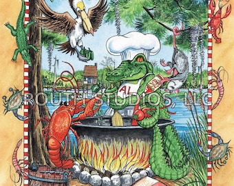 Louisiana Art Print. Louisiana Cajun Chef, Al the Alligator, Art Print. Driftwood frame available.
