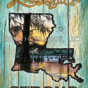 Louisiana Art Print. Louisiana Strong art print, Cajun swamp scene. Driftwood frame available. image 1