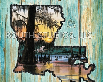 Louisiana Art Print. Louisiana Strong art print, Cajun swamp scene. Driftwood frame available.