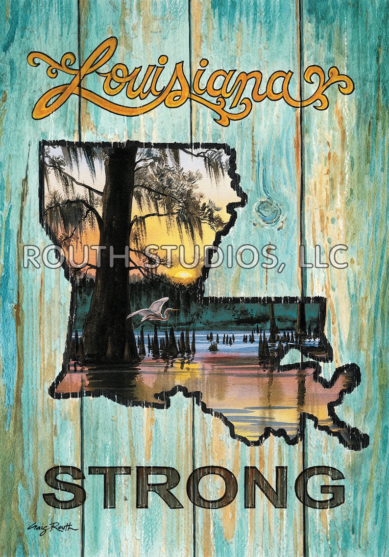 Louisiana Art Print. Louisiana Strong art print, Cajun swamp scene. Driftwood frame available. image 1