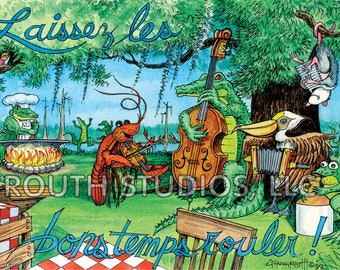 Louisiana Art Print, Cajun Zydeco Party swamp scene.  Driftwood frame available.