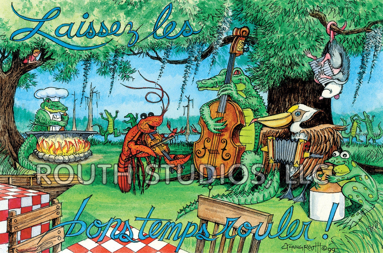 Louisiana Art Print, Cajun Zydeco Party Swamp Scene. Driftwood