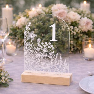 Wildflower Acrylic Wedding Table Numbers with Wood Base