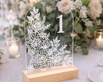 Arch Floral Table Numbers: Engraved Acrylic Wedding Decor
