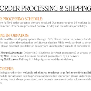 May include: A white informational document with black and orange text titled ORDER PROCESSING & SHIPPING. It outlines order processing schedules, shipping options via USPS including Ground Advantage, Priority Mail, and Priority Mail Express, and policies regarding rush orders.