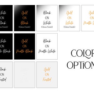 May include: A colour options chart displaying various text and background combinations including White on Black, Gold on Black, Black on White, Gold on White, Gold on Matte White, White on Matte Black, Gold on Matte Black, Black on Matte White, Black on Frosted, and Gold on Frosted. The text Colour Options is displayed in large black font.
