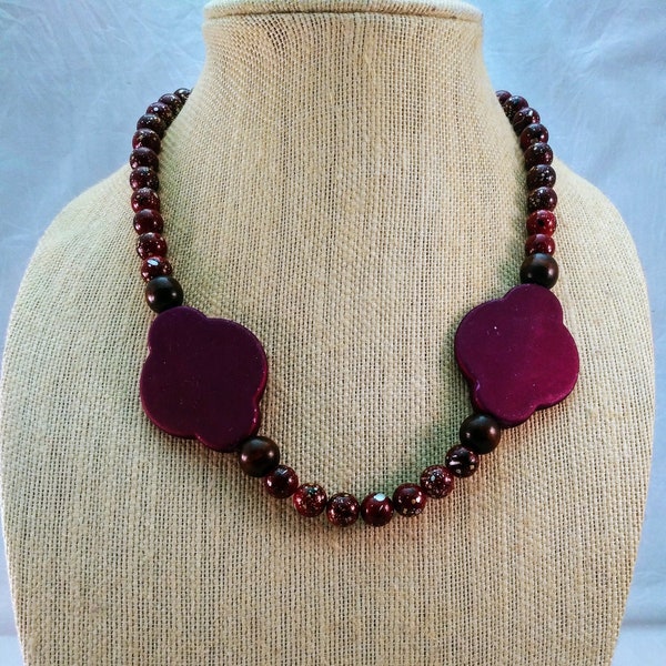 Single Strand Beaded Necklace, Speckled Red beaded Necklace, Wood accent necklace, Rubberized Beaded Necklace