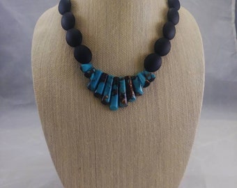bib necklace online Beaded turquoise necklace, Matte black beaded necklace, Bib beaded necklace, Cascade focal necklace,Mother's Day Gift, Ladies Brunch