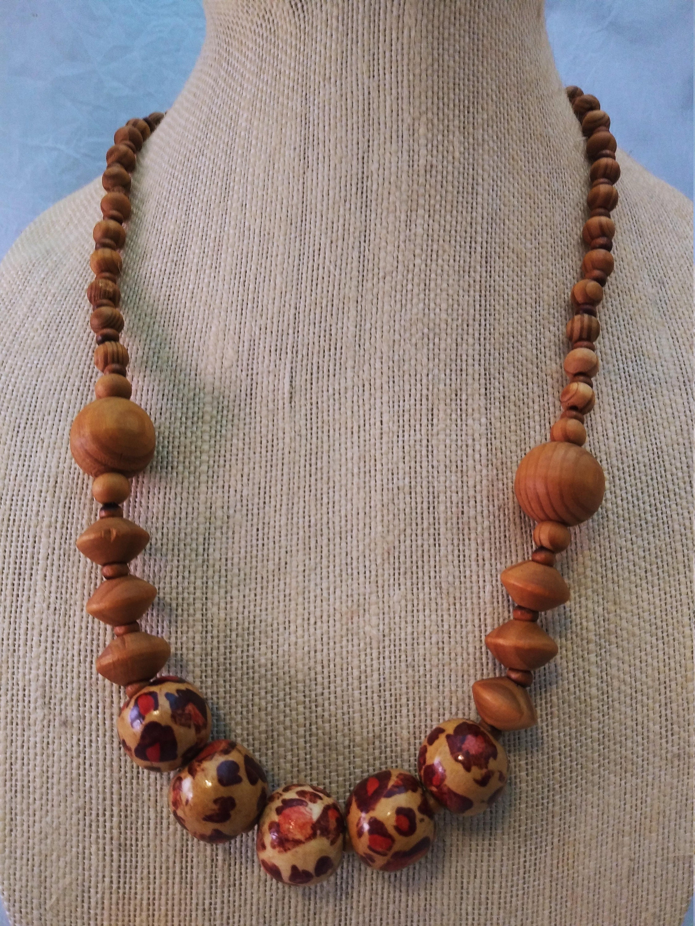 Leopard print wood bead necklace, Ethnic necklace, Beaded necklace