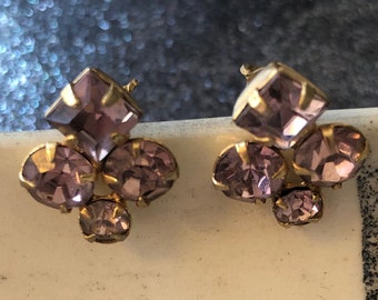 Midcentury amethyst purple crystal rhinestone floral spray pierced earrings