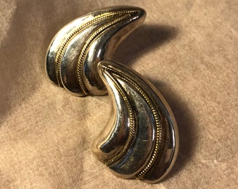 Vintage mod boho 70s sterling silver statement fan earrings with gold rope trim 925