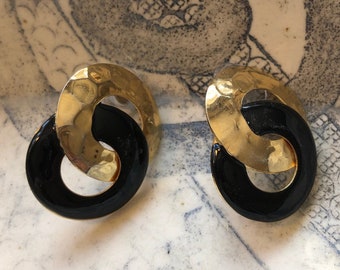 Enameled double circle hoop hammered gold statement earrings with post back