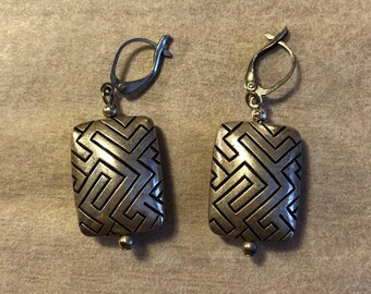 Vintage silver pierced tribal geometric labyrinth etched earrings 1970s