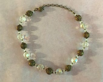 Vintage Crystal Filigree Choker Collar Necklace Mid-Century Modern Victorian Lisner style aurora borealis