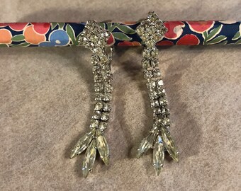 Vintage 60s-era rhinestone double strand dangles marquise clip-back chandelier earrings