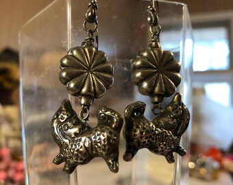 Chinese silver dog leopard flower charm statement dangle earrings 1980s 1990s