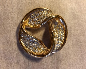 Vintage 80s bold pave crystal ribbon circle pin swirl brooch