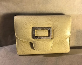 Cream lizard print leather clutch with rhinestone buckle and silver chain 90s VINTAGE