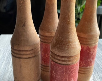 Vintage Wooden Bowling Pins . Wood Skittles .  Home Decor Accent Items . Set of FOUR